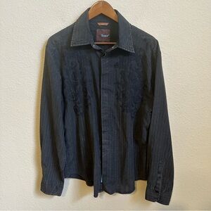 Roar Y2K Men’s Black Embroidered Striped Button Up Shirt